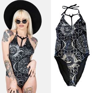 Killstar Black NEW Silver Lunar Tide One Piece Halter Swimsuit Size Small (6)